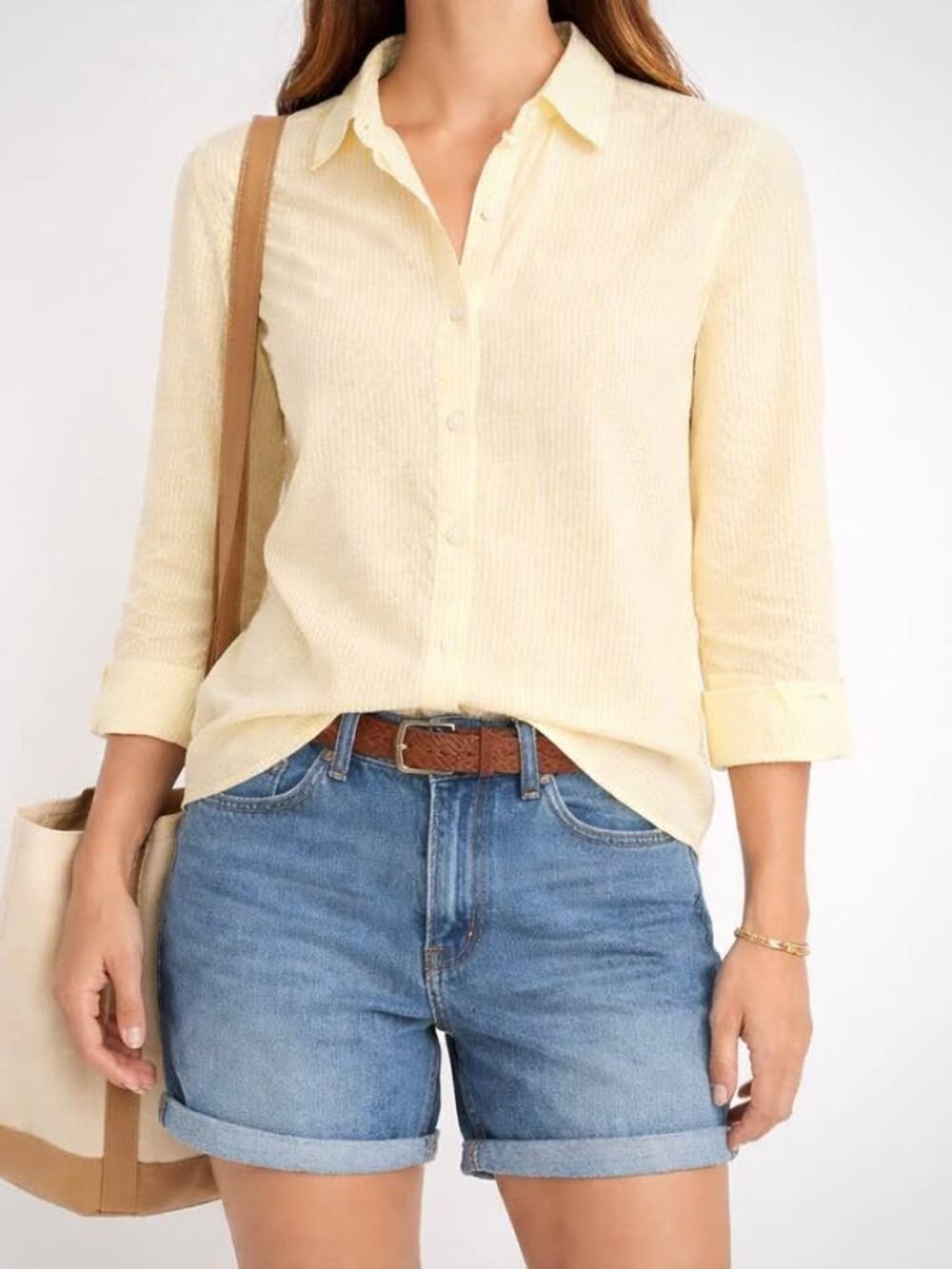 L.L. Bean Yellow Seersucker Striped Coastal Preppy Button Up Summer Top [Size M]